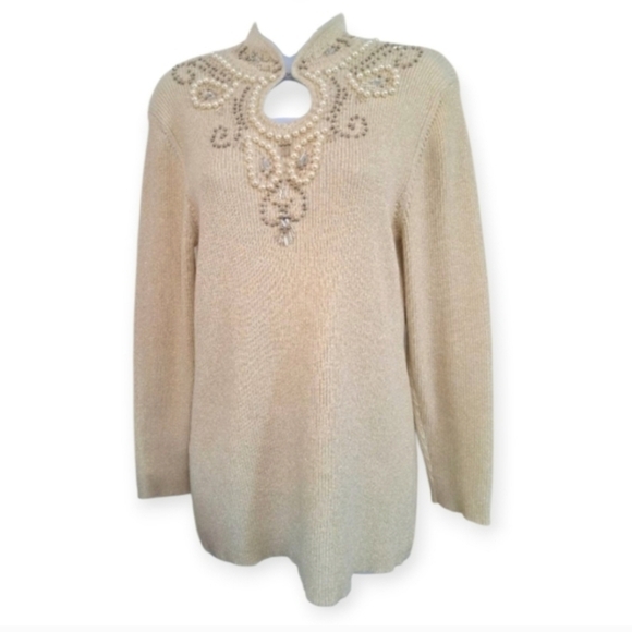 Lauren Michelle Cream Sweater with Embellished Neckline Size Large - Picture 10 of 10